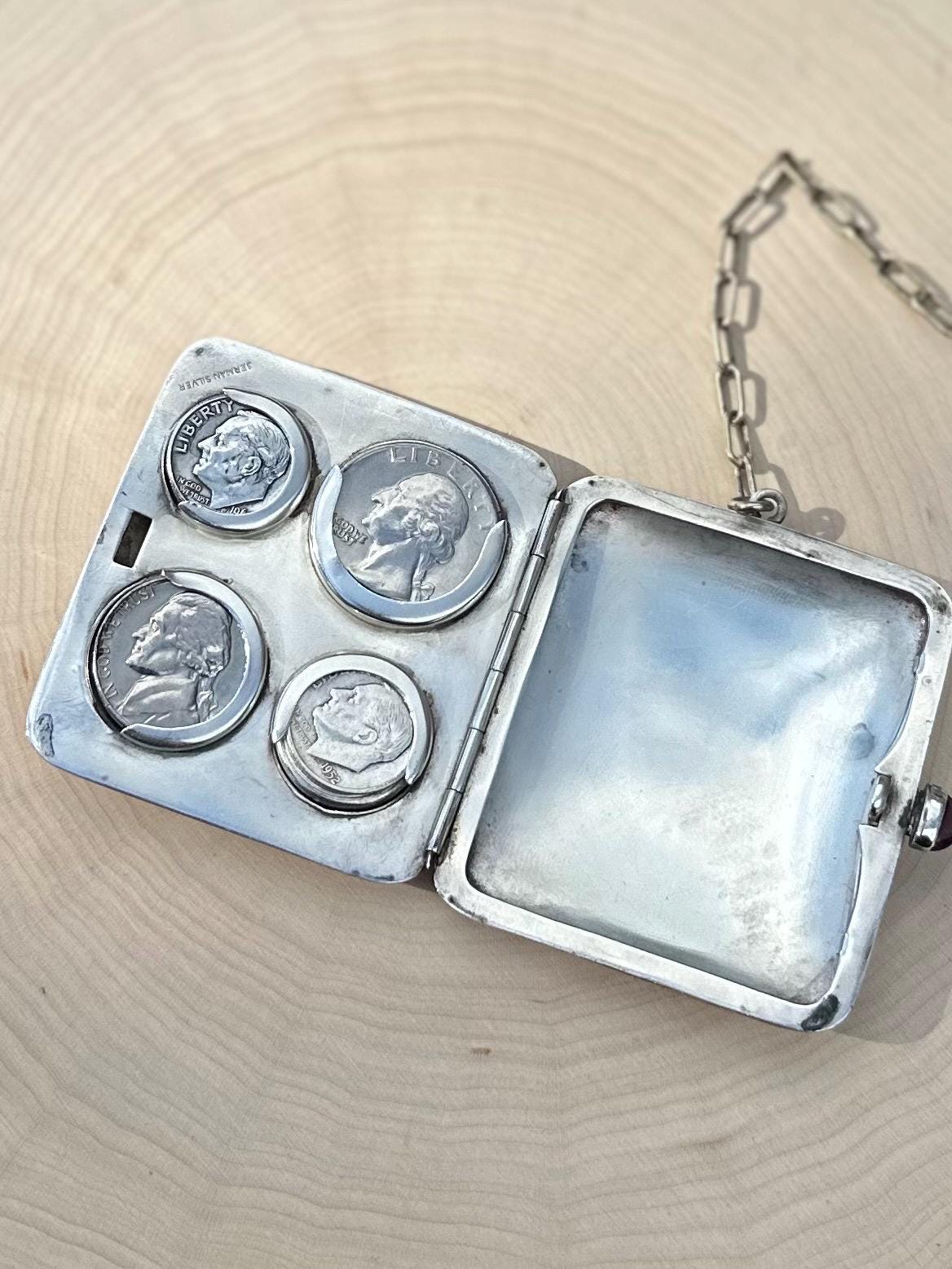 Antique 1920s 1930s Art Deco German Silver Monogrammed HBW Sovereign Coin Holder Chatelaine Compact Genuine Amethyst Cabochon