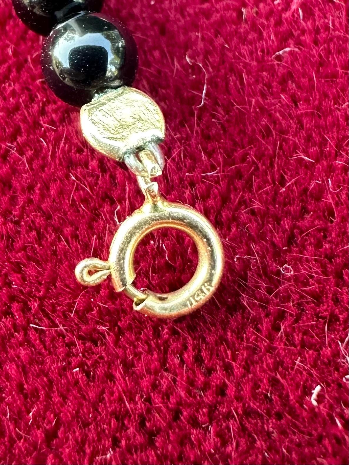 Vintage Dainty 14k Yellow Gold Genuine Black Onyx & Freshwater Pearl 4mm Beaded Bracelet 7”