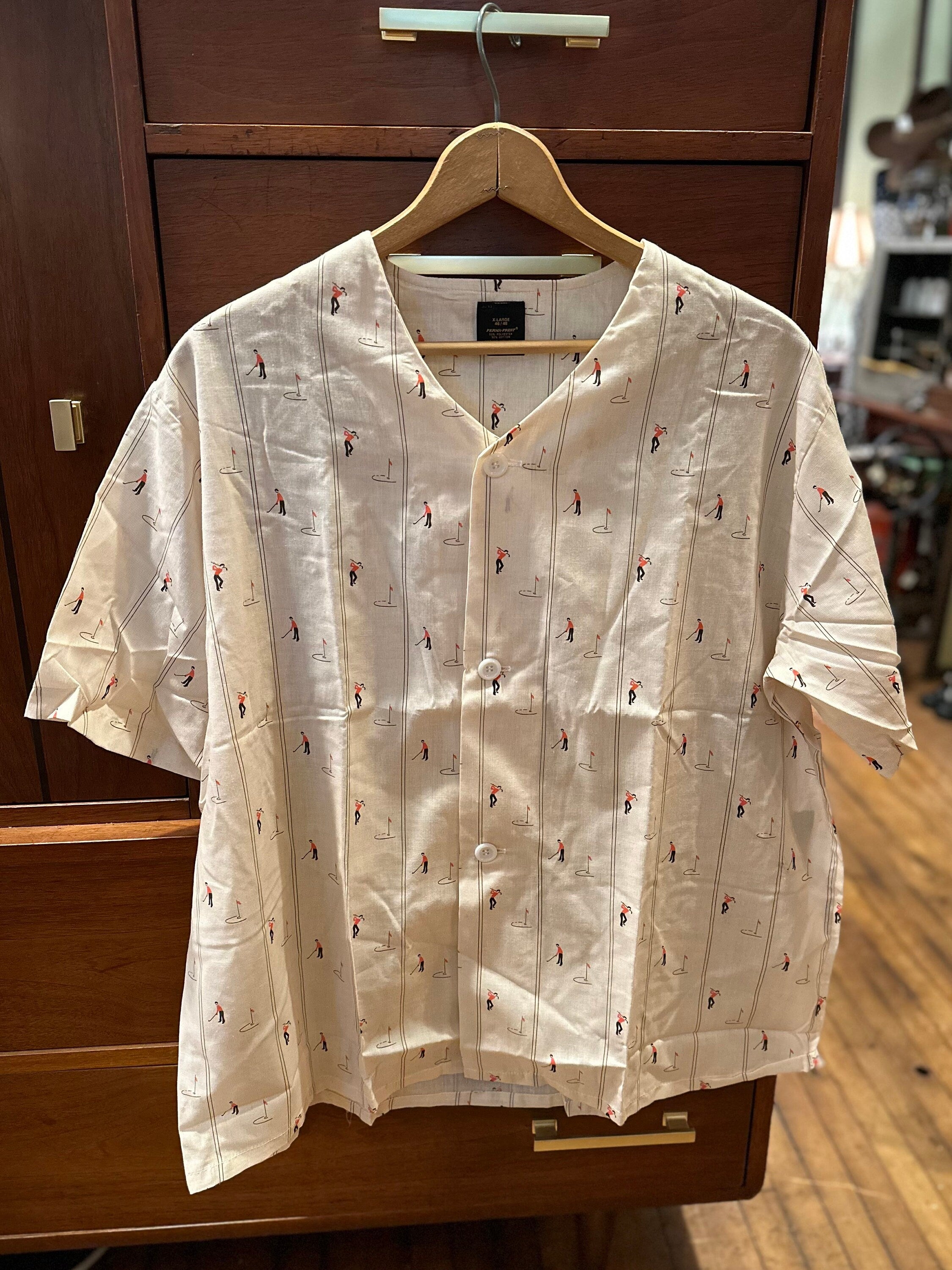 Vintage 1970s Sears The Men's Store Perma-Prest Permanent Press Golf Sleep Pajama Casual Button Up Shirt Size XL