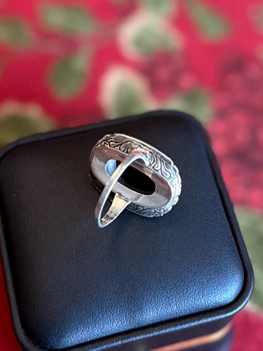 Vintage Art Deco Signed THEDA Sterling Silver Black Onyx Cabochon & Marcasite Statement Cocktail Ring US Size 6 1/2