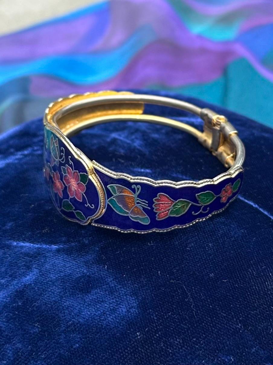 Vintage Cloisonne Enamel Blue Multicolor Butterfly Floral Clamper Bangle Bracelet
