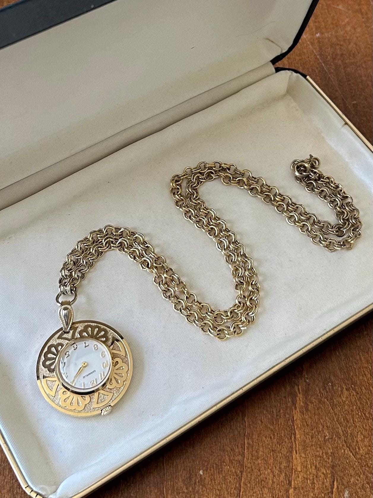 Vintage Midcentury Caravelle by Bulova Gold Plated Swiss Watch Pendant Necklace 24.25" | Needs Battery
