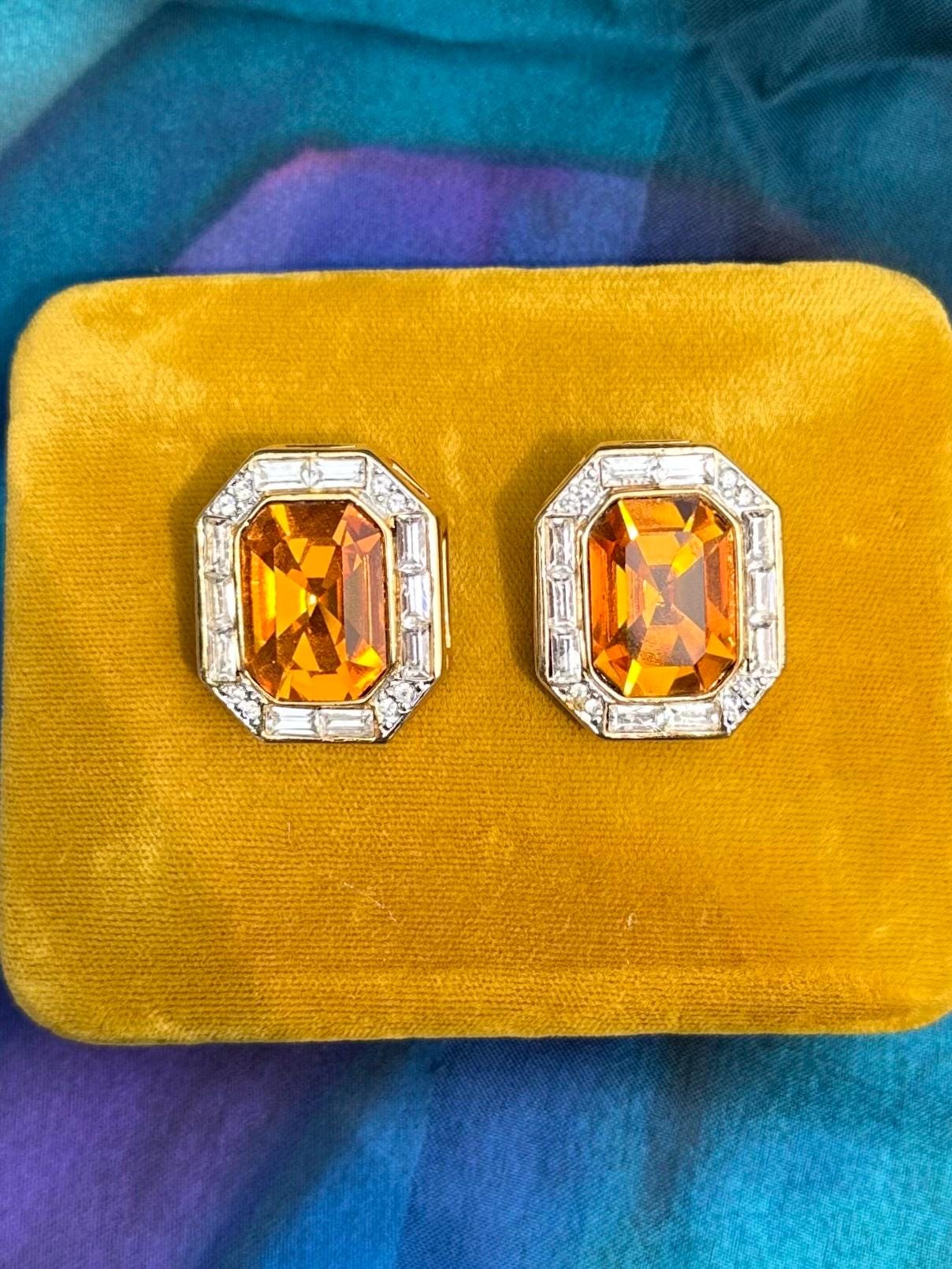 Vintage Signed LES BERNARD Large Faceted Orange Glass & Clear Rhinestone Gold Tone Octagonal Rectangle Statement Clip-on Earrings