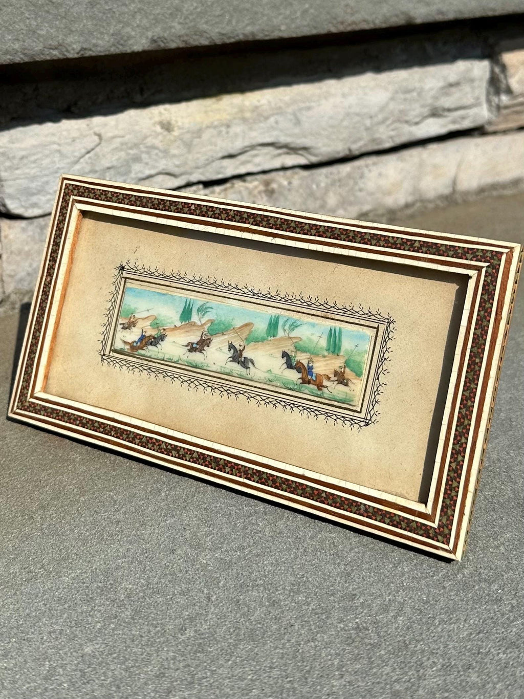 Vintage Circa 1940s Middle Eastern Persian Battle Miniature Painting on Bone in Rectangular Mosaic Inlaid Frame Easel Back