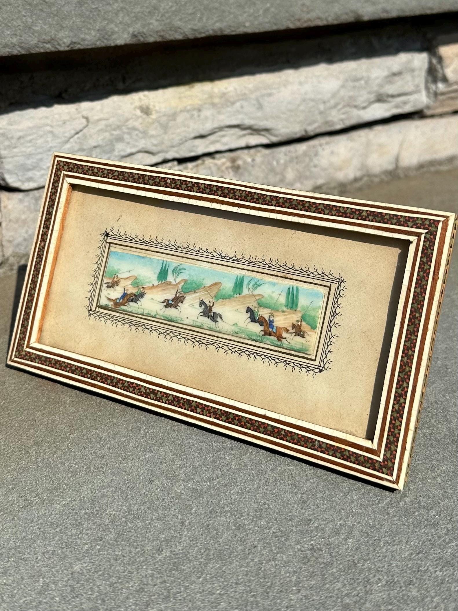 Vintage Circa 1940s Middle Eastern Persian Battle Miniature Painting on Bone in Rectangular Mosaic Inlaid Frame Easel Back