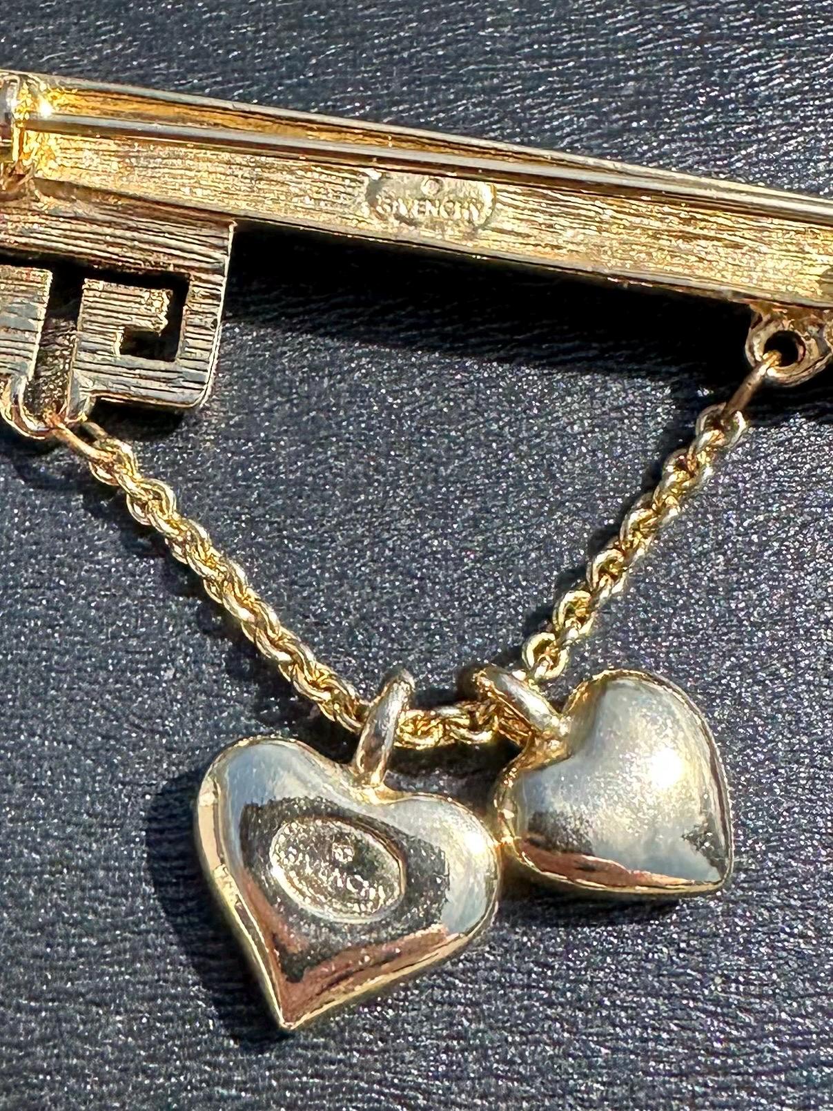 Vintage Signed GIVENCHY Gold Tone Skeleton Key Dangle Heart Brooch Designer GG Logo