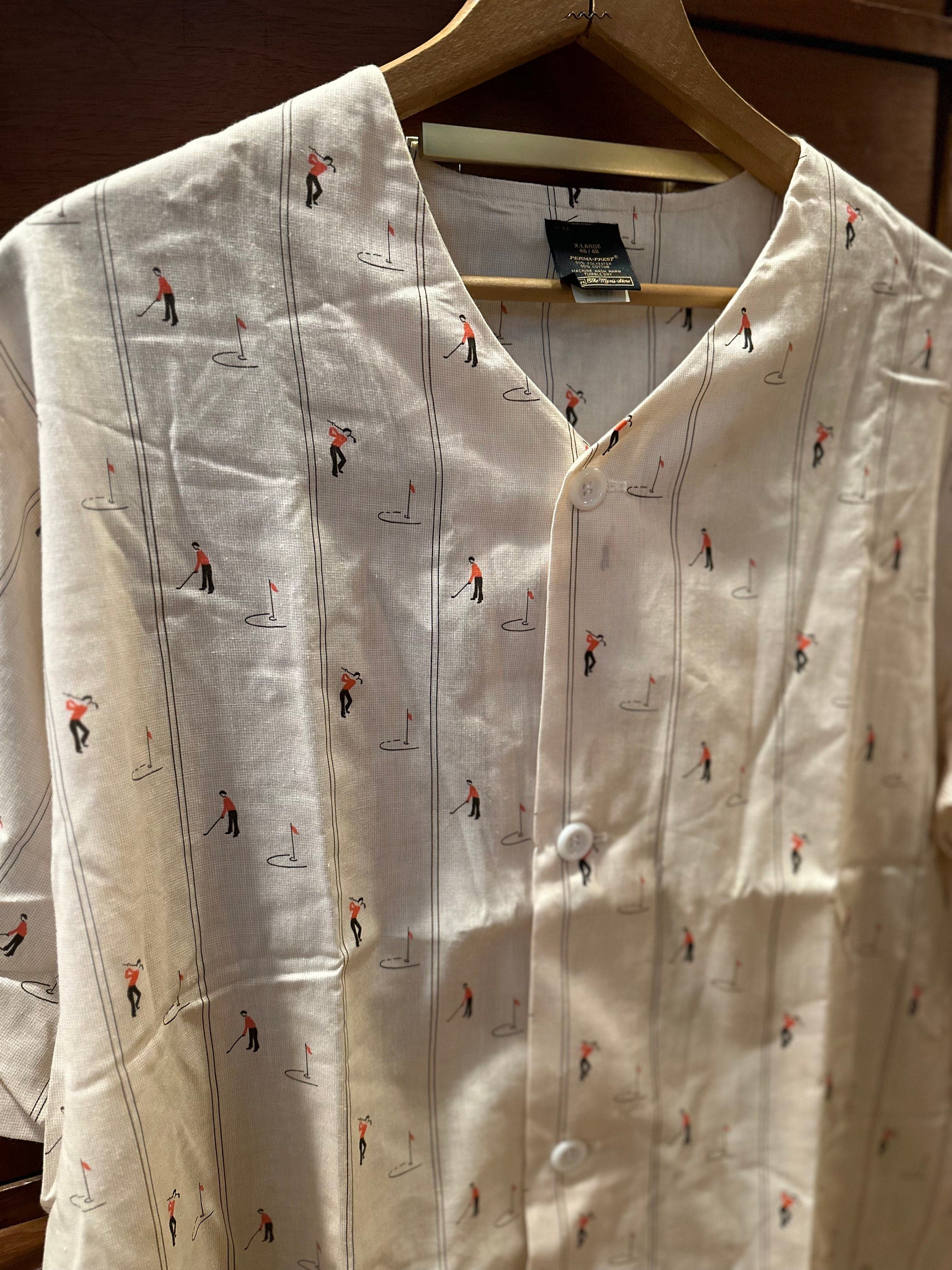 Vintage 1970s Sears The Men's Store Perma-Prest Permanent Press Golf Sleep Pajama Casual Button Up Shirt Size XL