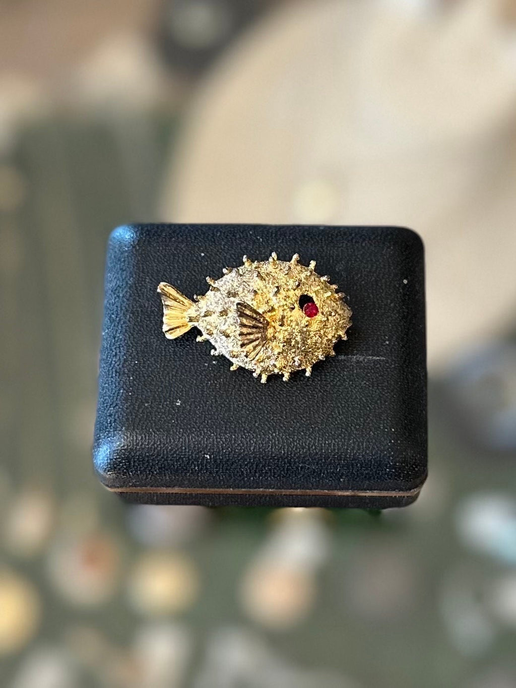 Vintage Signed AC Blowfish Puffer Fish Rhinestone Ruby Eye Sterling Silver & Gold Vermeil Pin Brooch