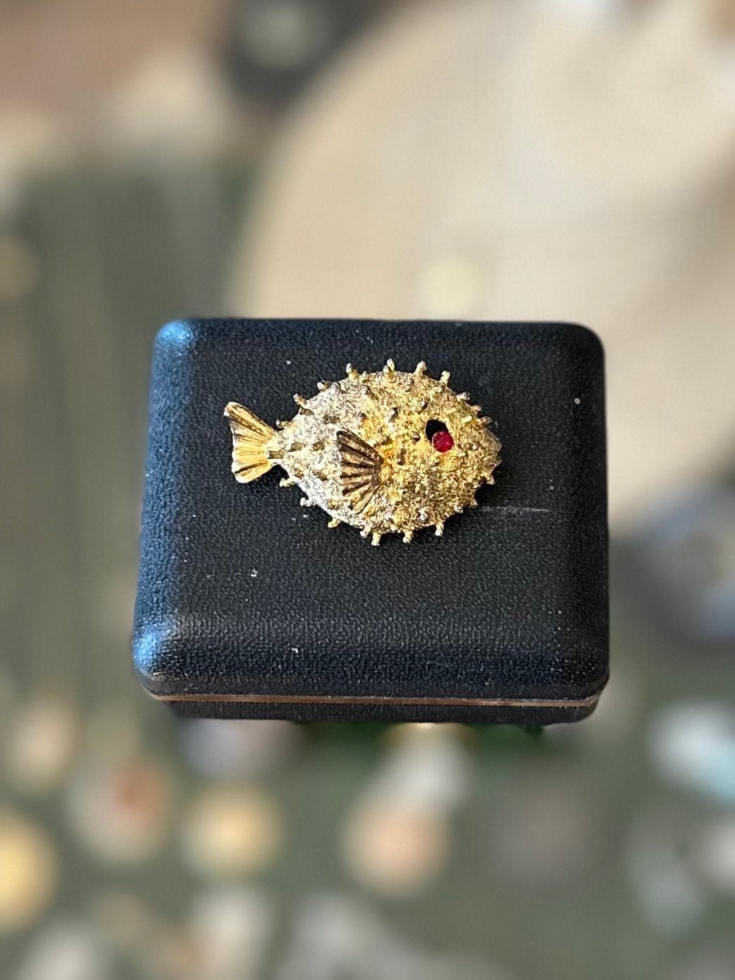 Vintage Signed AC Blowfish Puffer Fish Rhinestone Ruby Eye Sterling Silver & Gold Vermeil Pin Brooch