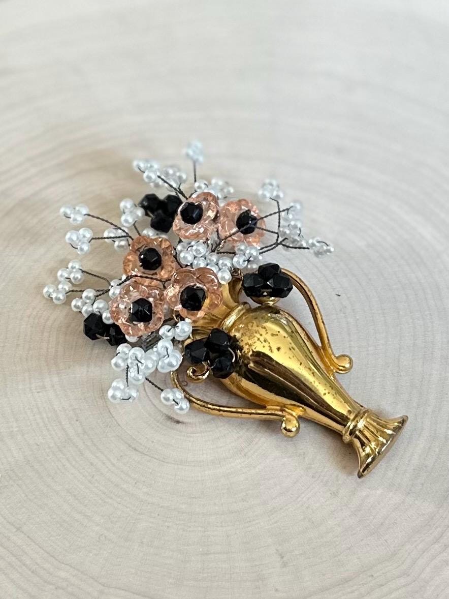 Rare Vintage 1940s 1950s Signed MONET Sterling Silver & Gold Vermeil Urn Brooch Fur Clip with Hand Beaded Wire Wrapped Beaded Flower Bouquet