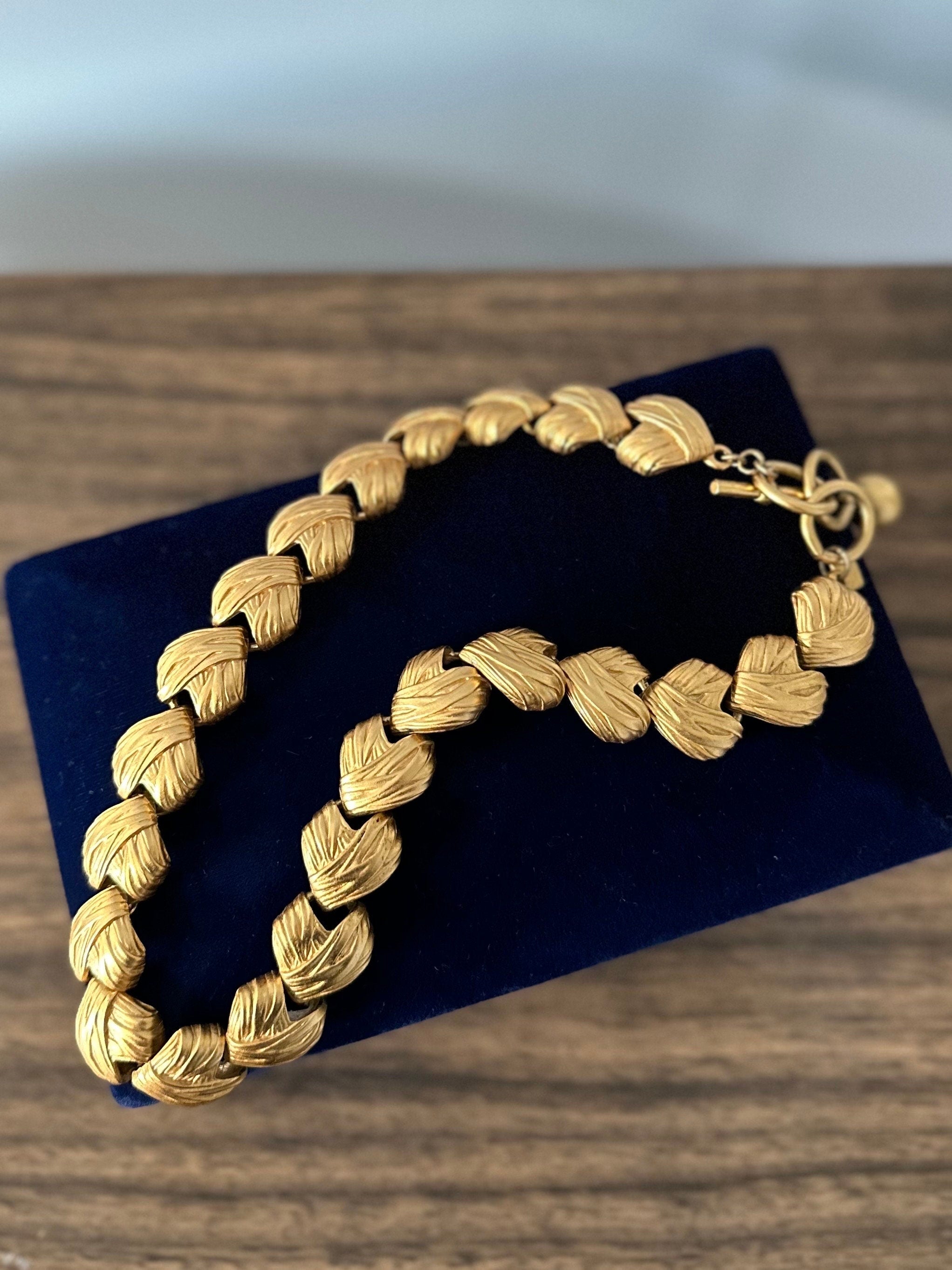 Vintage 1980s 1990s Signed Lion Anne Klein Chunky Matte Finish Gold Tone Necklace Toggle Closure