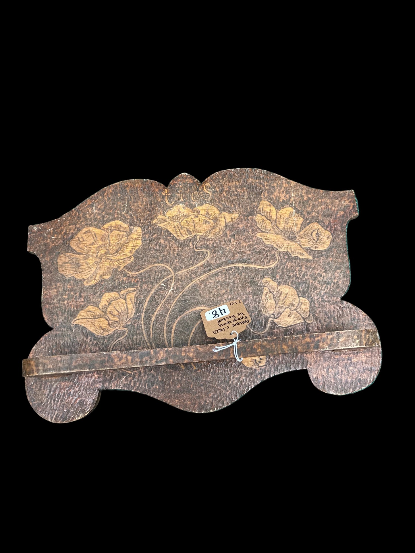 Antique Early 1900s Pyrography Wood Burned Floral Tie Holder Wall Shelf