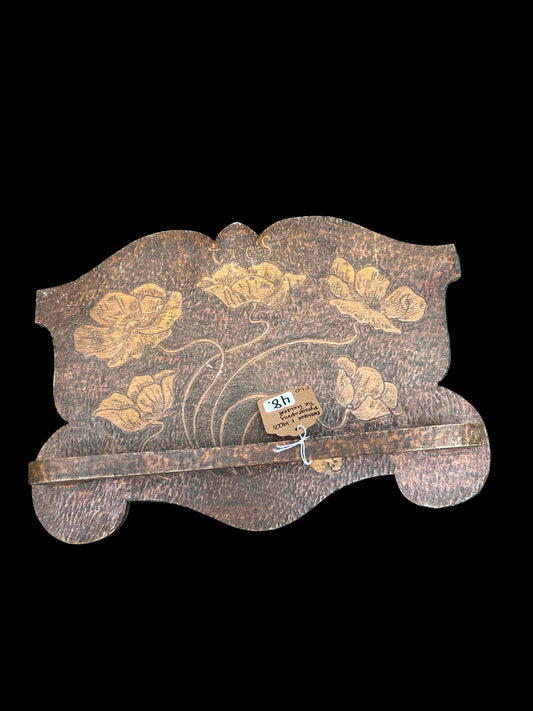 Antique Early 1900s Pyrography Wood Burned Floral Tie Holder Wall Shelf