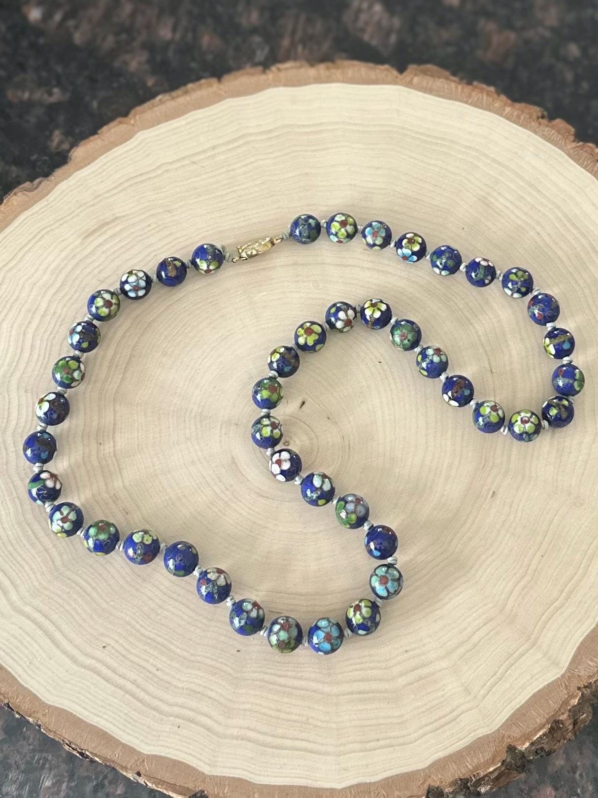 Vintage Midcentury Hand Knotted Blue Cloisonné Enamel Blue Floral Porcelain Beaded Necklace 23”