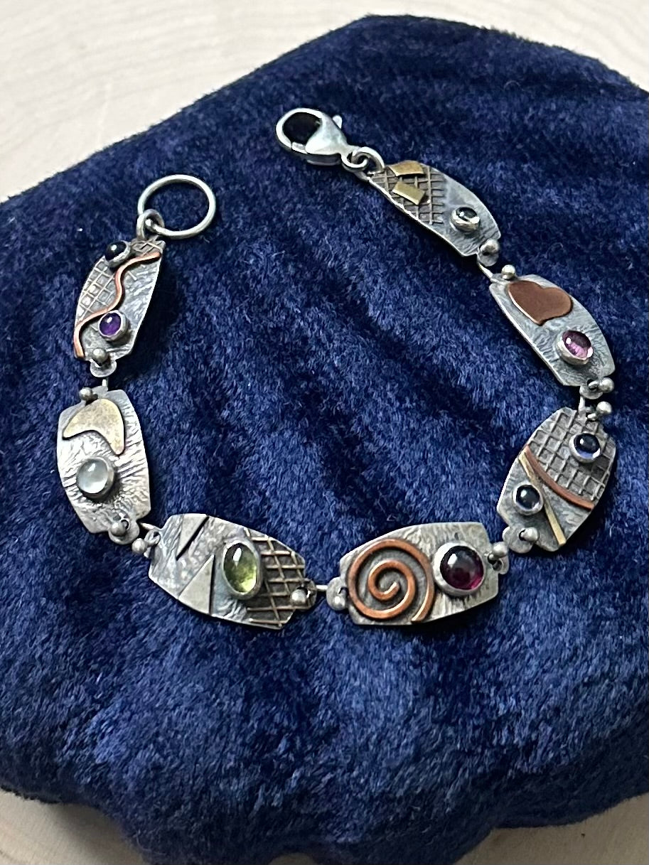 Artisan Sterling Silver & Mixed Metal Multi Gemstone Bracelet