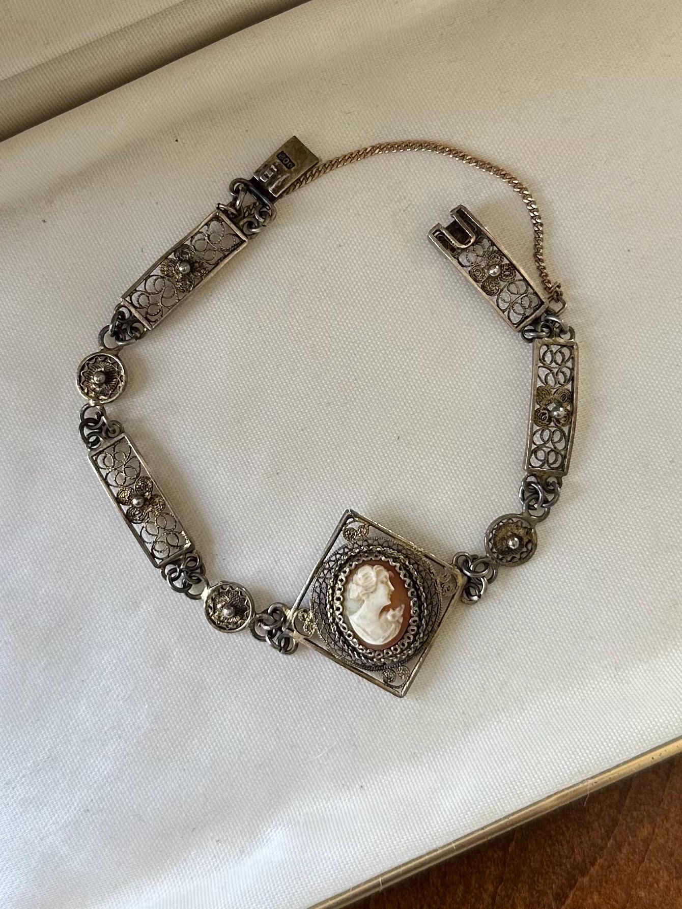 Vintage European 800 Silver Gold Gilt Delicate Filigree Hand Carved Shell Cameo Panel Link Bracelet
