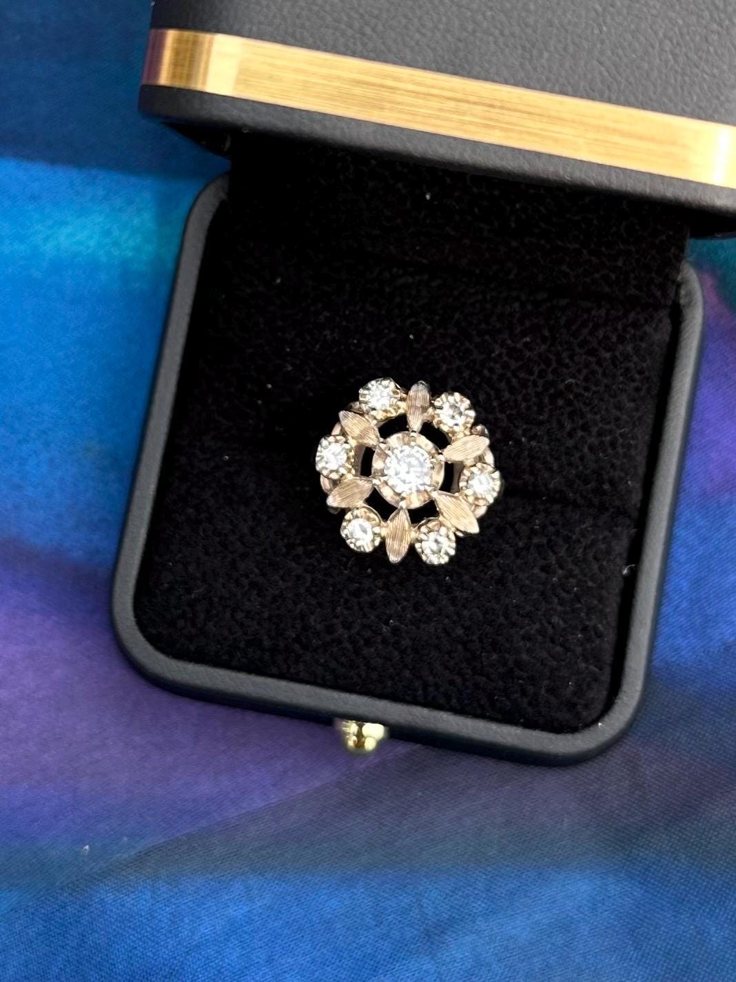 Vintage Circa 1950s Sterling Silver Simulated Diamond CZ Halo Cluster Floral Statement Ring US Size 6 3/4