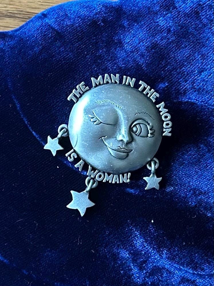 Vintage 1980s Signed JJ Jonette The Man in the Moon is a Woman Celestial Moon & Stars Silver Tone Brooch Feminist