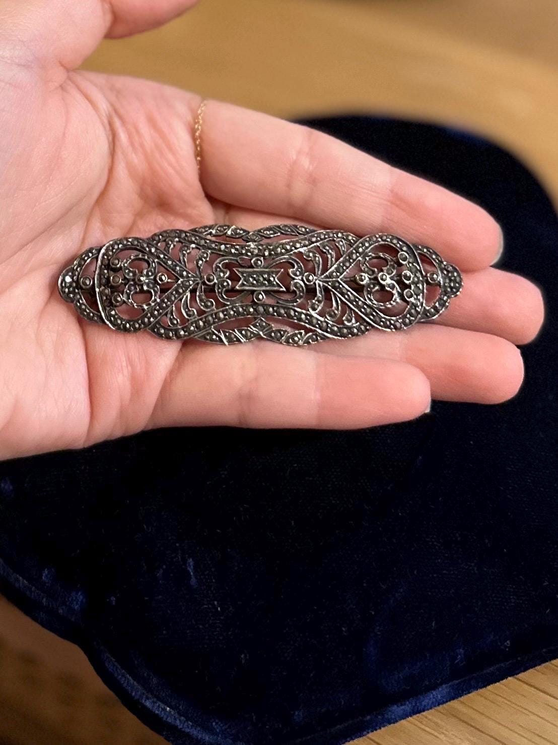 Vintage Art Deco Revival Sterling Silver & Marcasite Ornate Large Oblong Brooch Statement