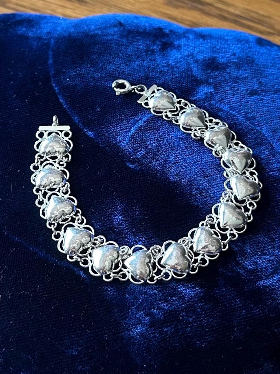 Vintage 925 Sterling Silver Puffy Hearts Open Link Bracelet 7.25"