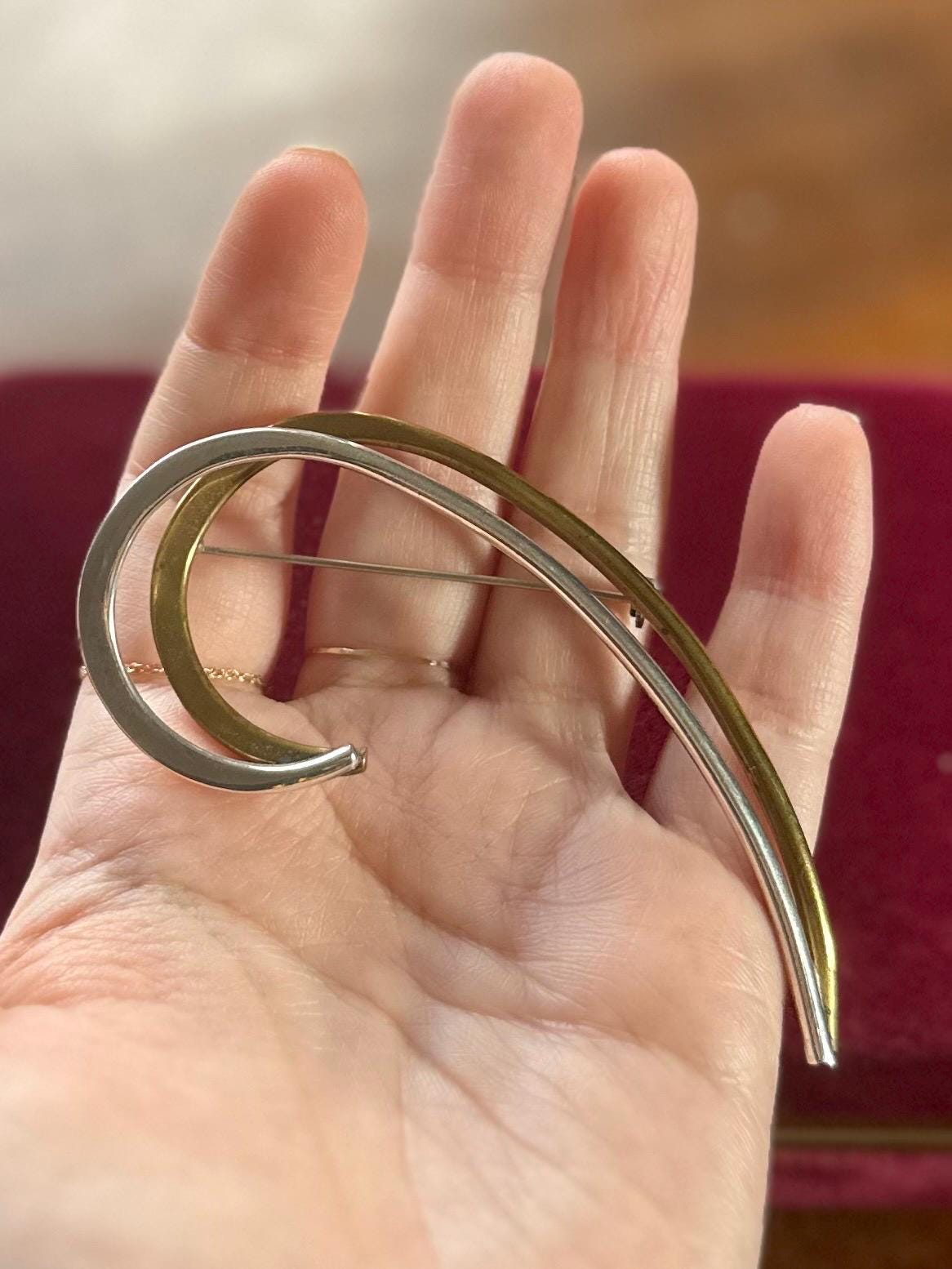 Vintage 1980s Signed TAXCO Mexico TN-72 Sterling Silver Two Tone Modernist Swoop Swirl Brooch