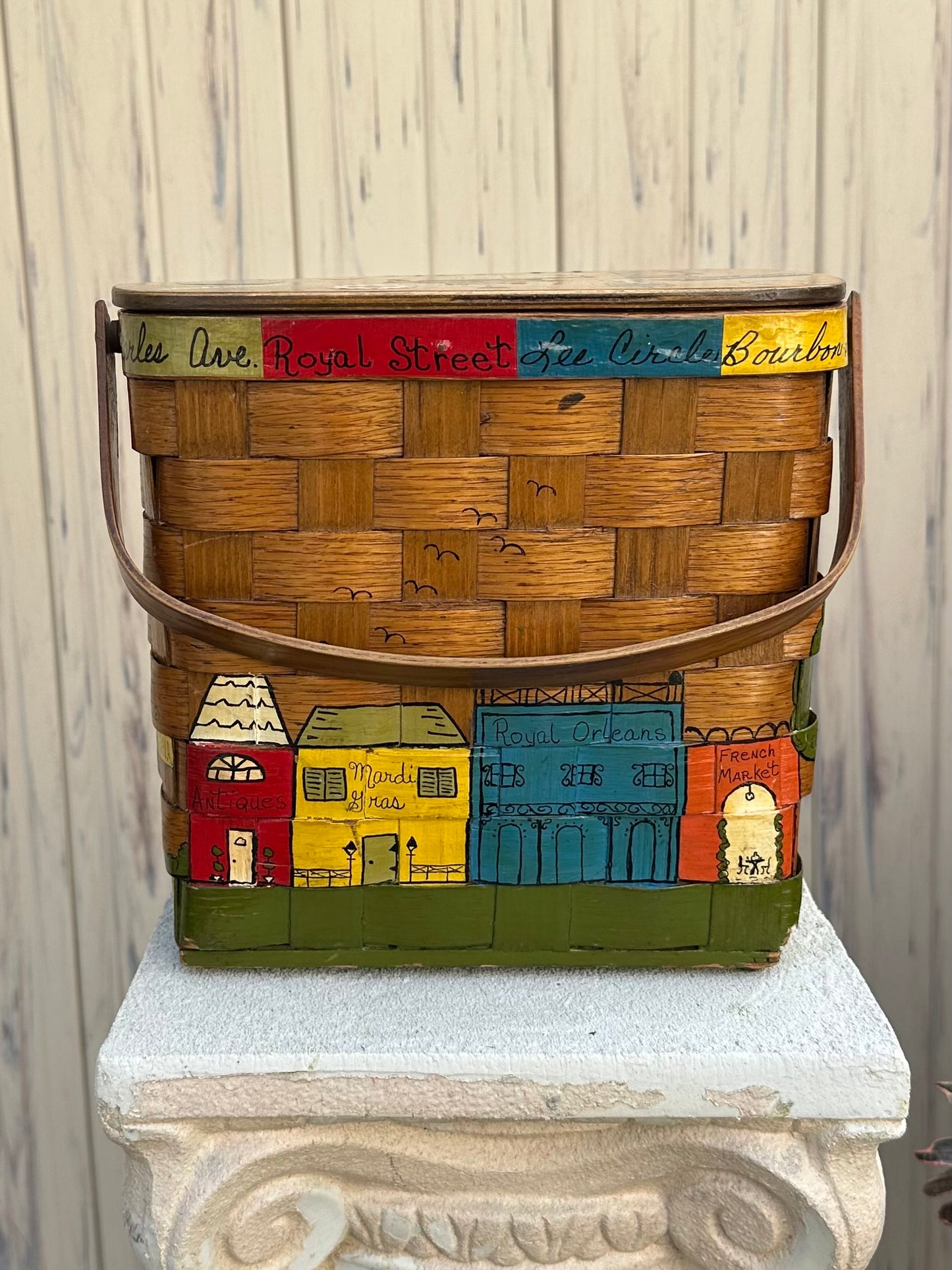 1960s New Orleans Hand Painted & Signed Katydid Wooden Picnic Basket Purse Specially for Godchaux