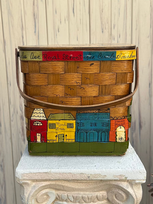 1960s New Orleans Hand Painted & Signed Katydid Wooden Picnic Basket Purse Specially for Godchaux