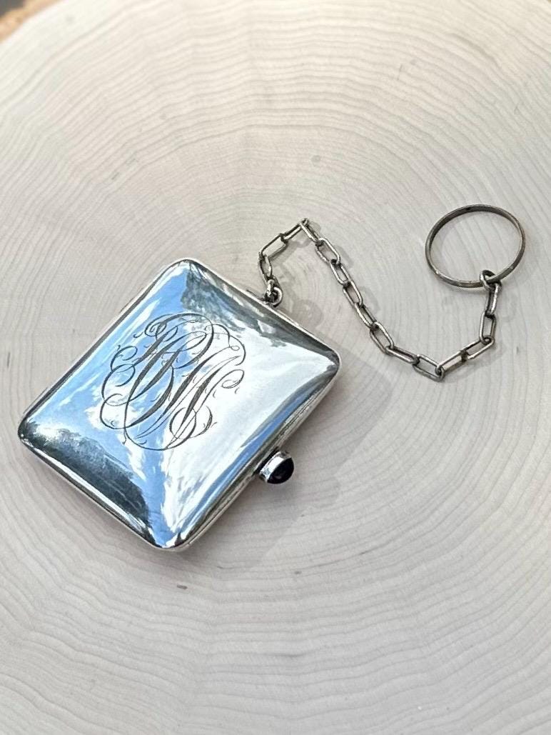 Antique 1920s 1930s Art Deco German Silver Monogrammed HBW Sovereign Coin Holder Chatelaine Compact Genuine Amethyst Cabochon