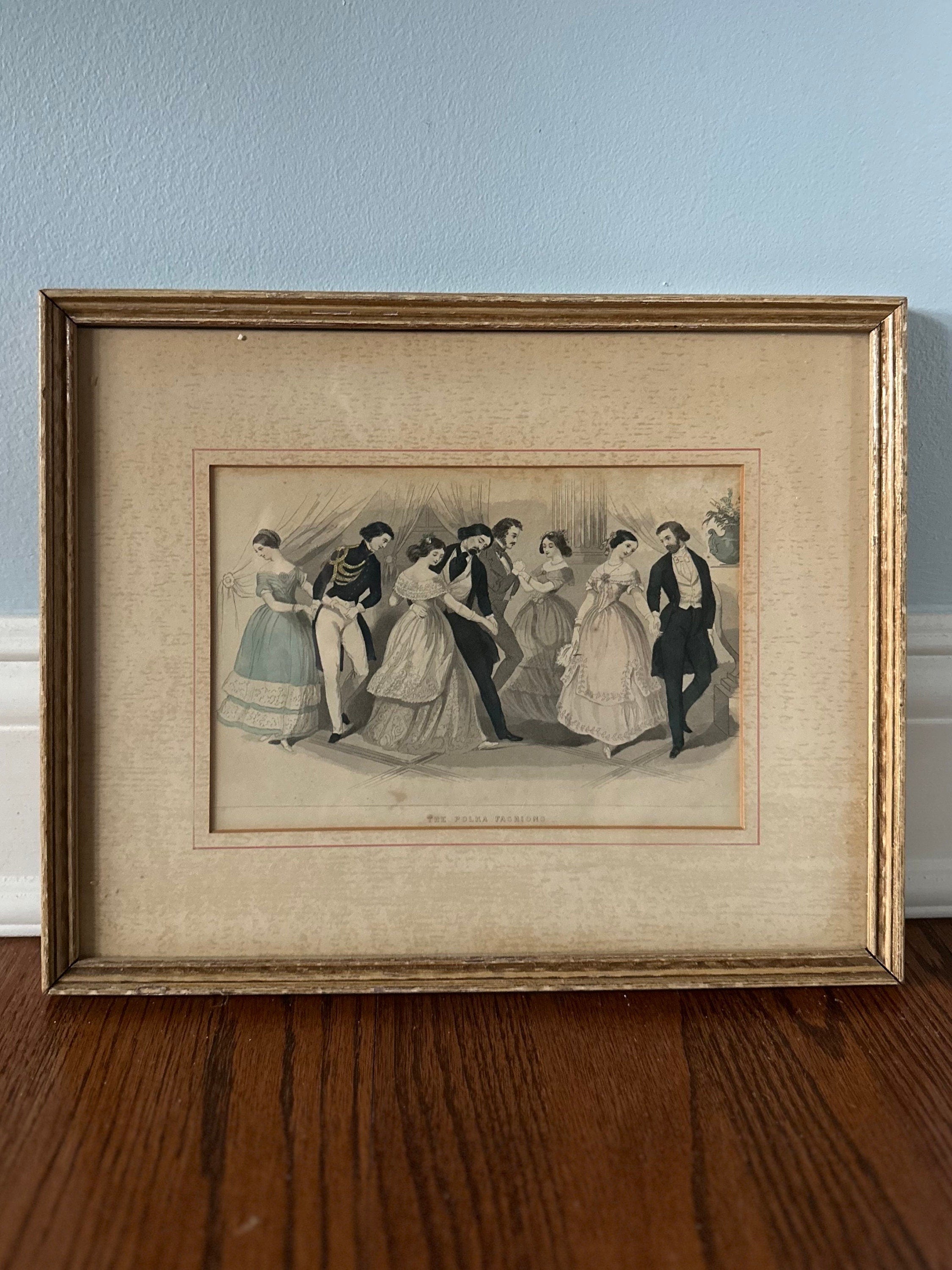 Vintage Framed & Matted Circa 19th Century Polka Fashions Victorian Dancing Lithograph Print Godey’s Lady’s Book