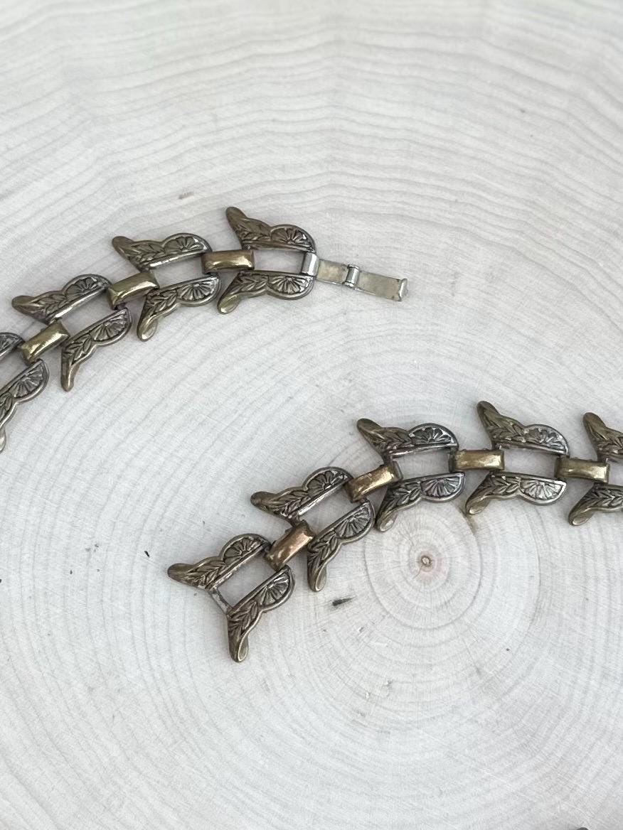 Vintage 1940s 1950s Signed BY MARINO Bronze Tone Floral Etched Link Chain Necklace RARE Midcentury 15.75”
