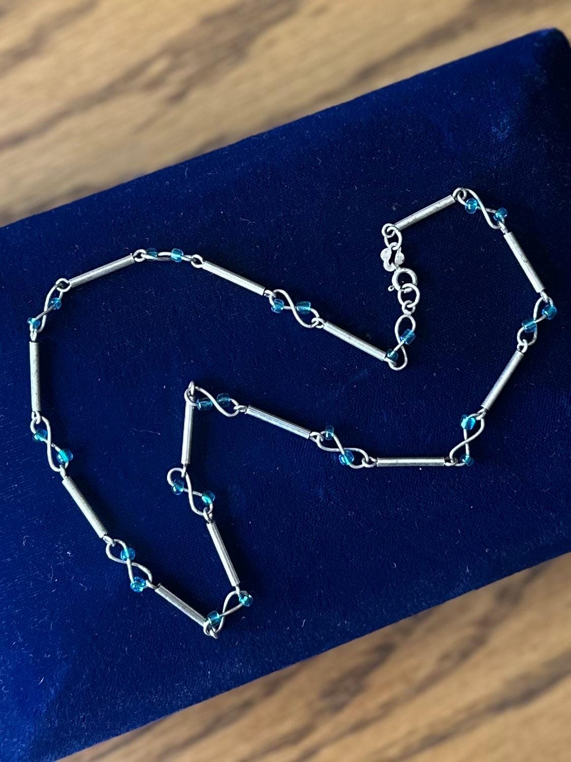 Vintage Sterling Silver Bar Infinity Twist & Turquoise Blue Color Bead Necklace 15.6" Y2K