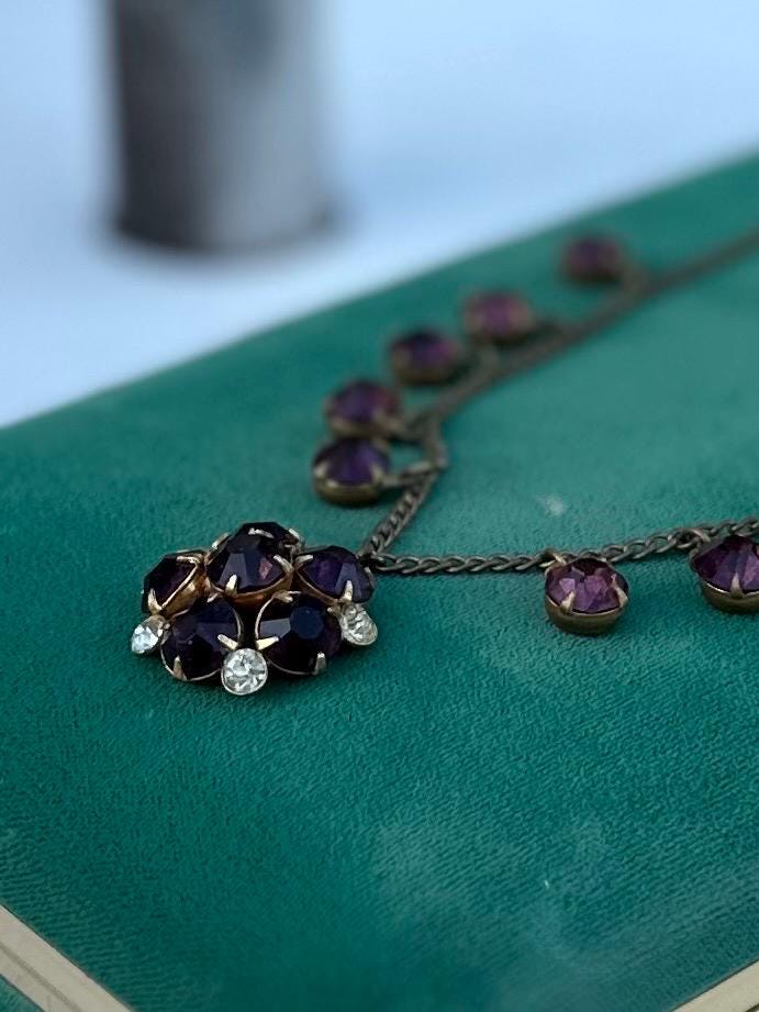 Antique Art Deco Faceted Purple & Clear Czech Glass Cluster Pendant Necklace 15.75” Circa 1930s Made in Czechoslovakia