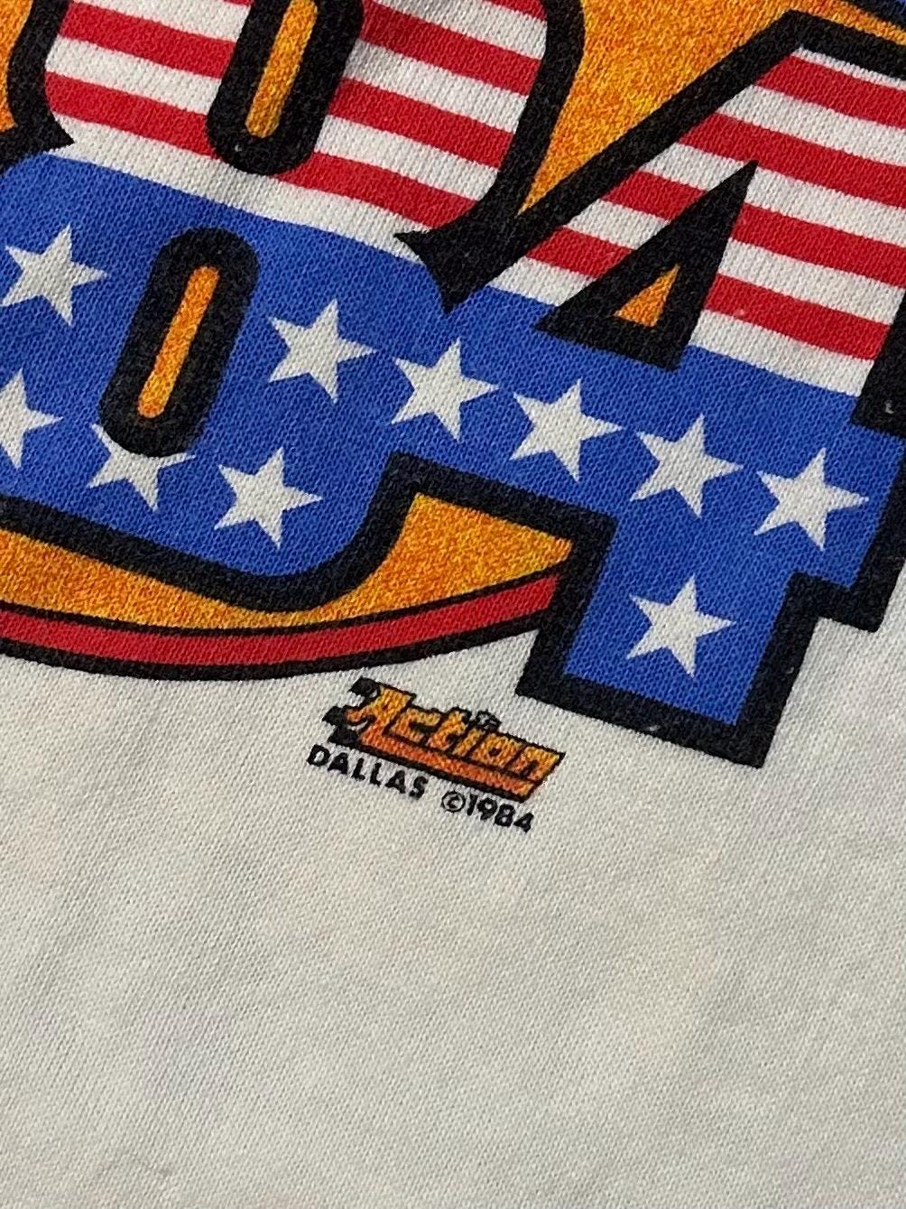 Vintage 1980s World of Outlaws 1984 Supernationals Syracuse NY Racing 3/4 Sleeve Ringer Tee Double Sided Schrum Graphic