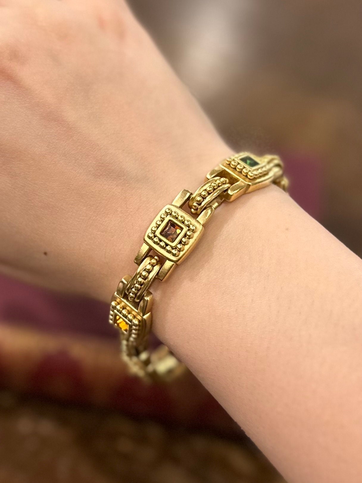 Vintage Oscar de la Renta Signed Byzantine Style Gold Tone Multicolor Faceted Square Rhinestones Link Bracelet 7.75"