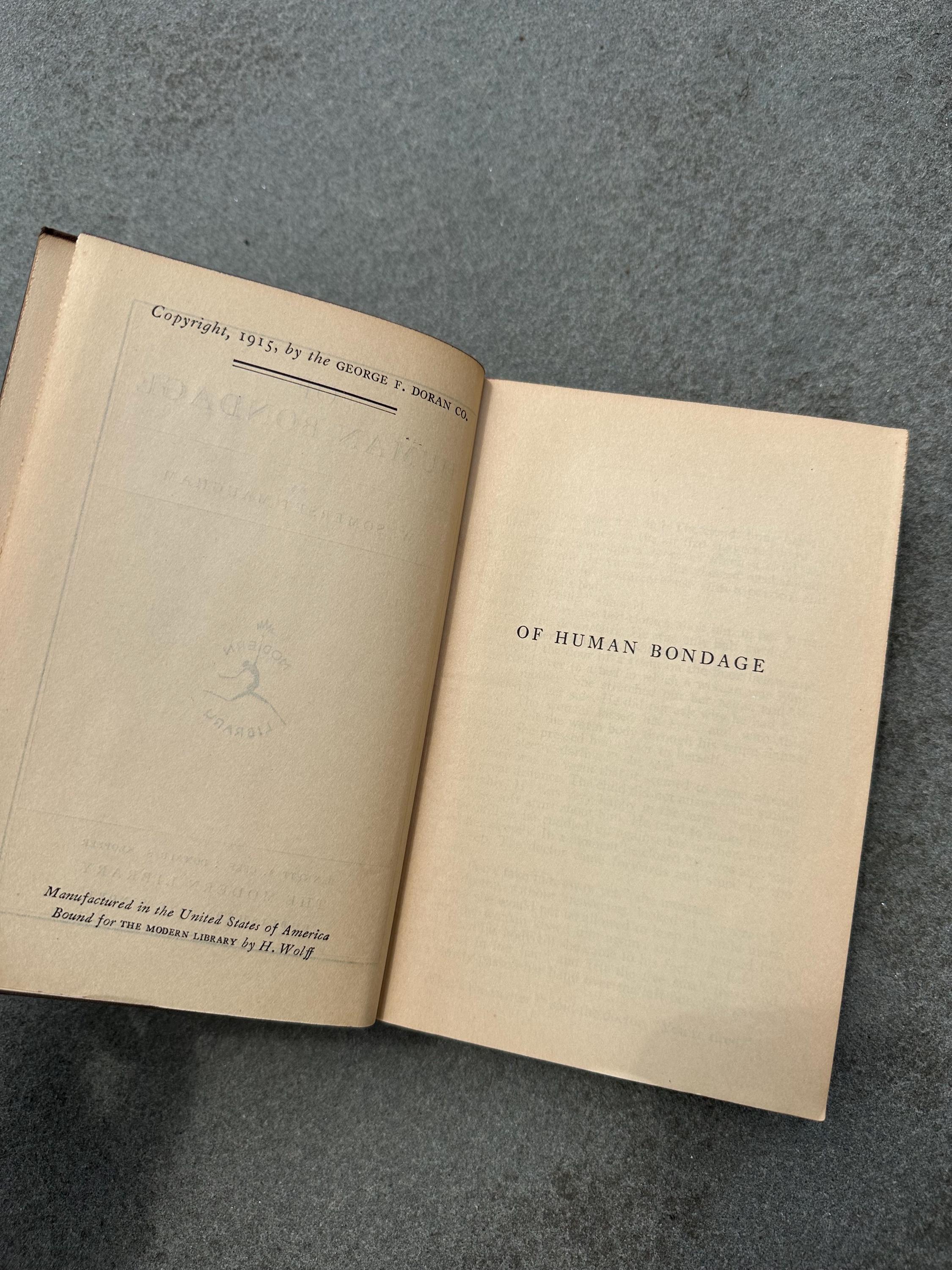 Antique 1915 Of Human Bondage Hardcover Book by W. Somerset Maugham The Modern Library