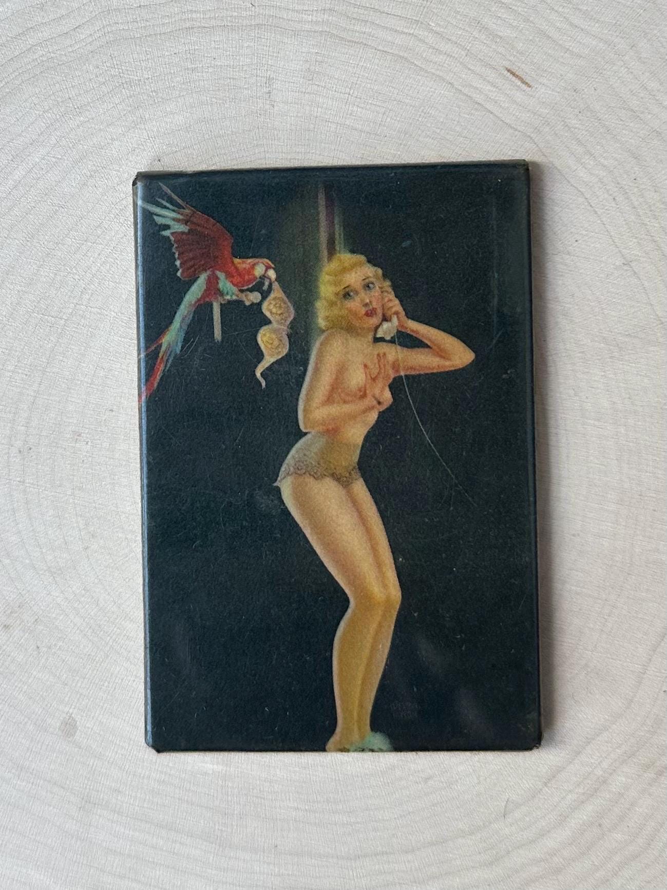 Vintage Art Deco 1930s 1940s Risque Blonde Nude Pin-Up Parrot Rectangle Pocket Mirror RARE