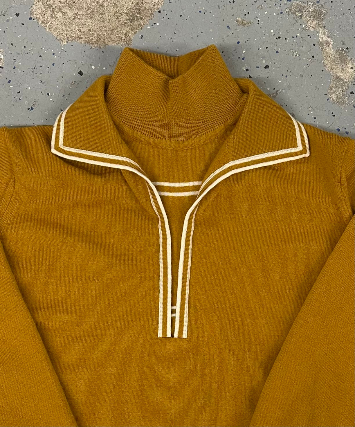 1960s 1970s Mustard Yellow White Stripe Mock Neck Collared Long Sleeve Sweater