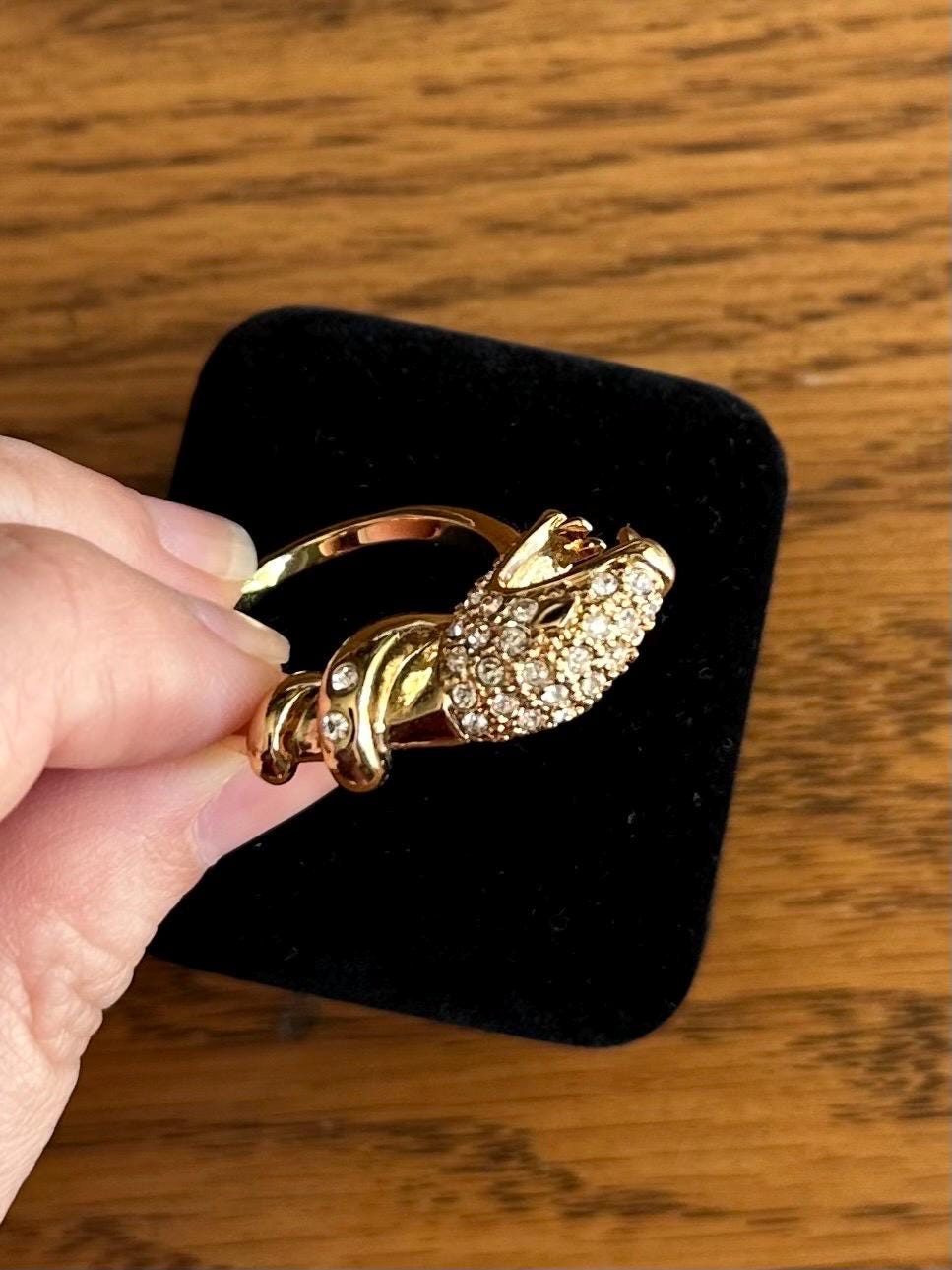 Gold Tone Rhinestone Jewelled Snake Head Serpent Statement Ring US Size 8 1/2