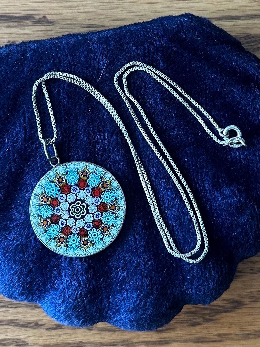 Vintage Italian 800 Silver Handcrafted Murano Millefiori Glass Round Pendant on Sterling Silver Box Chain Necklace