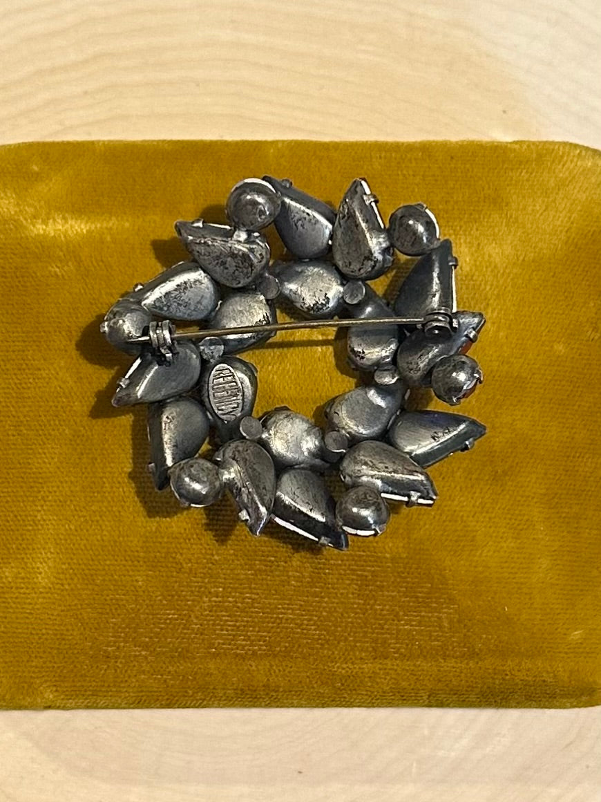 1960s Signed Regency Pink Aurora Borealis Faceted Rhinestone Brooch & Clip-on Earrings Set