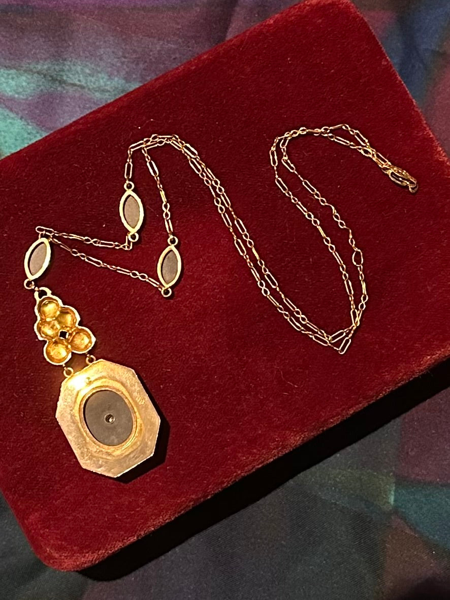 Antique Edwardian Era Gold Filled Black Onyx & Seed Pearl Pendant Necklace
