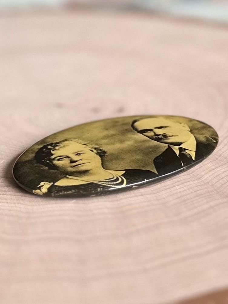 Antique Art Deco 1920s Older Married Couple Oval Pocket Celluloid Mirror Black & White