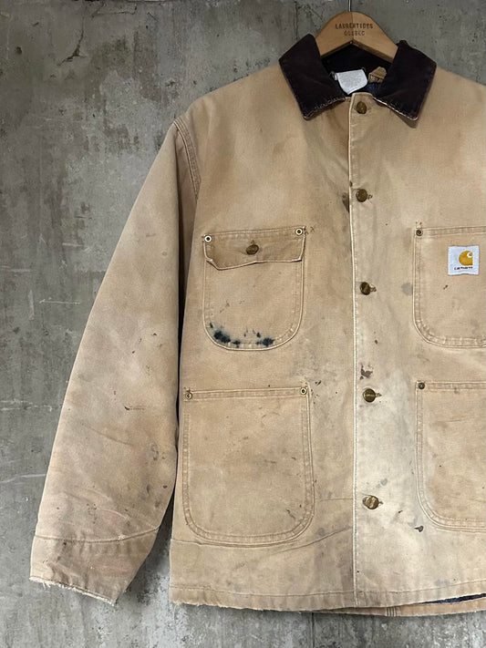 1980s Carhartt Blanket Lined Duck Chore Coat Tan UGWA Corduroy Collar