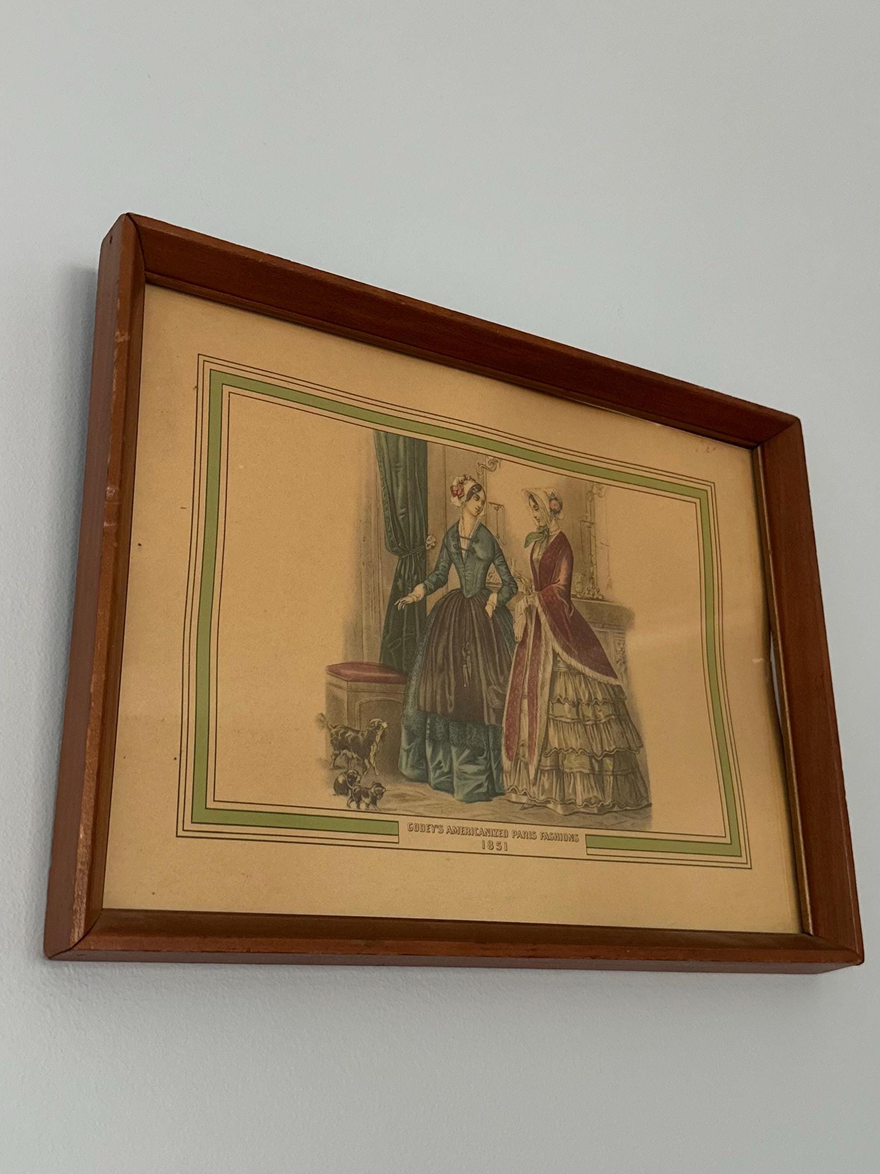 Vintage Wood Framed Godey’s Americanized Paris Fashions 1851 Colored Print 12.75x9.75
