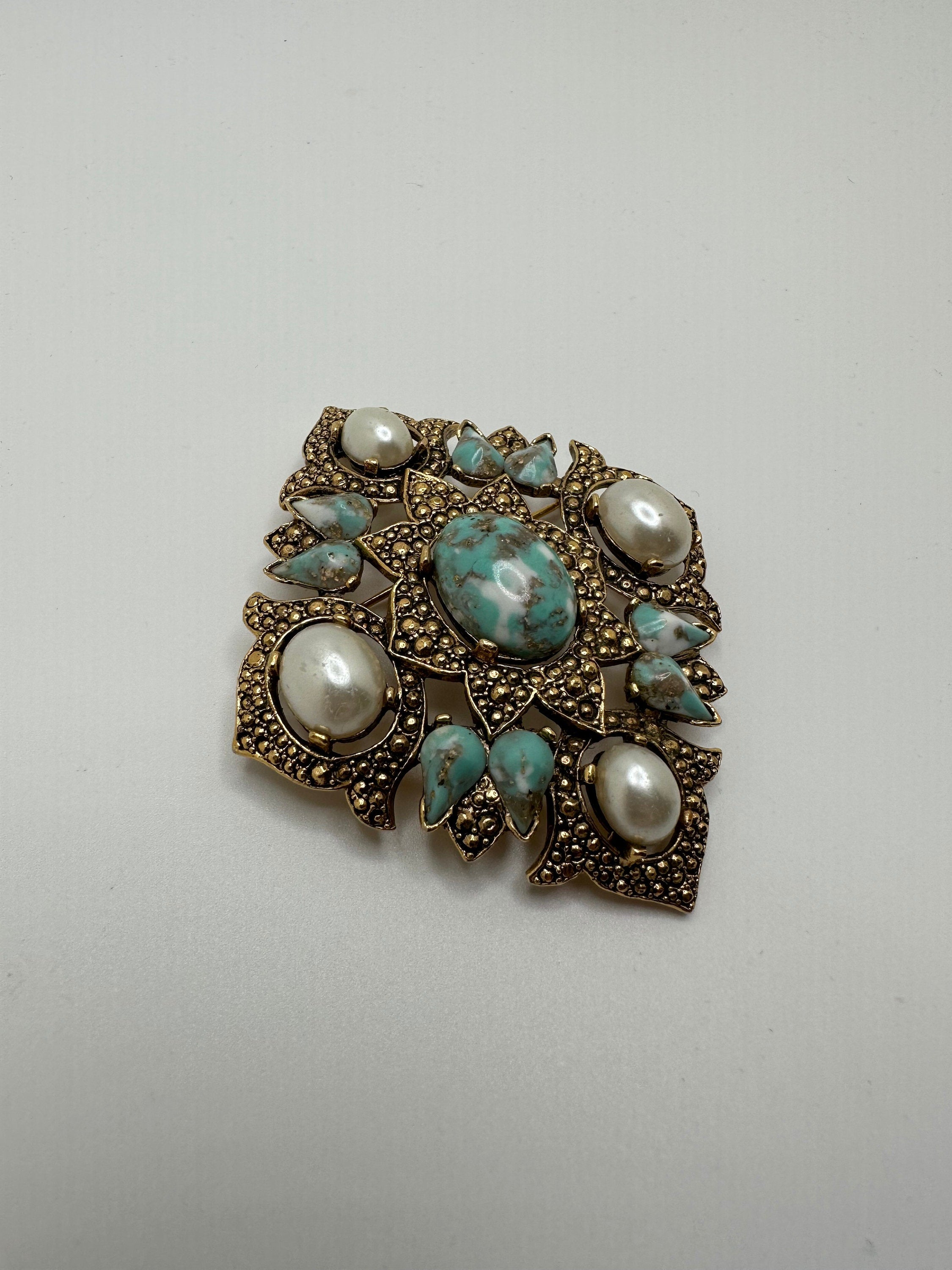 Vintage Signed Sarah Coventry 'Remembrance' Brooch or Pendant with Faux Pearls and Turquoise Cabochon Center Gold Tone