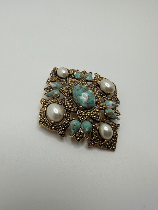 1960s Signed Sarah Coventry 'Remembrance' Brooch or Pendant with Faux Pearls and Turquoise Cabochon Center