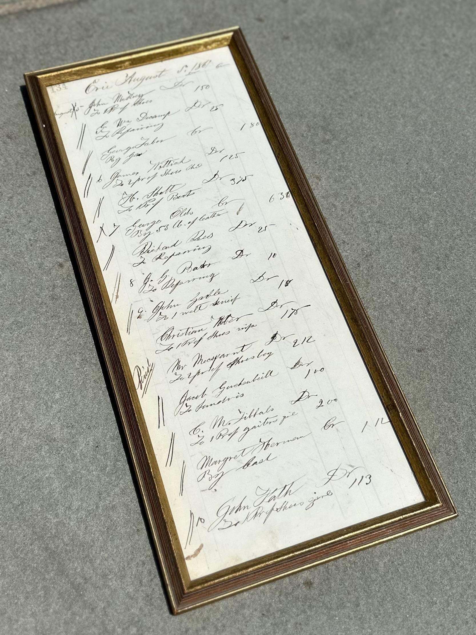Vintage Framed 19th Century Store Sales Ledger Dated August 1861 Antique Ephemera 16x7