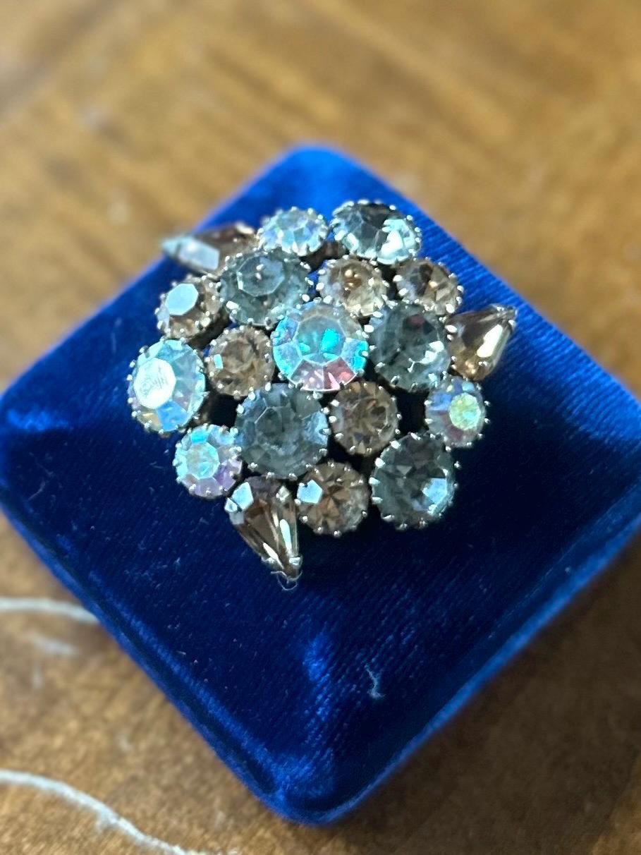 Vintage 1950s 1960s Signed KARU ARKE INC Topaz Smokey Aurora Borealis Rhinestone Brooch Midcentury