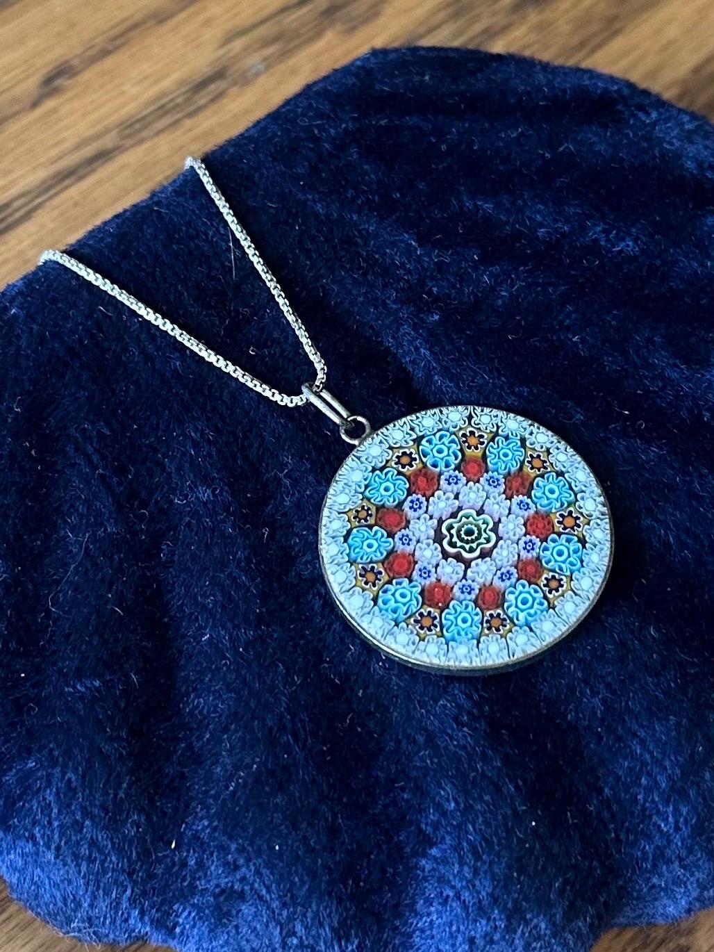 Vintage Italian 800 Silver Handcrafted Murano Millefiori Glass Round Pendant on Sterling Silver Box Chain Necklace