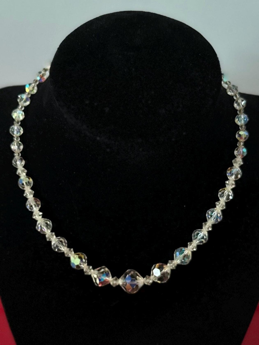 Vintage 1950s Midcentury Faceted Iridescent Clear Graduated Crystal Beaded Necklace Adjustable 15.25” Hook Closure
